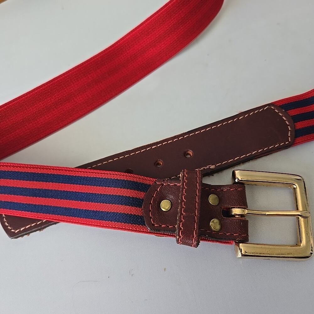 Lot of 3 Striped Woven Belts Leather Ends Elastic Retro S/M Gold Buckle 80's - Picture 2 of 9